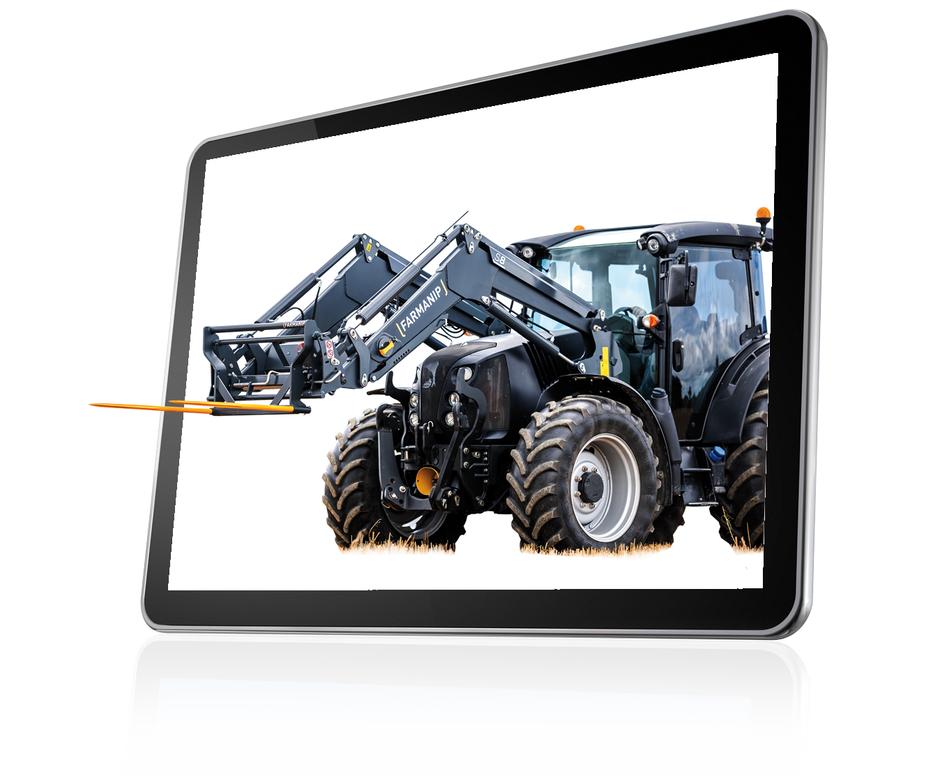 Tracteur avec chargeur FARMANIP qui sort de l'écran